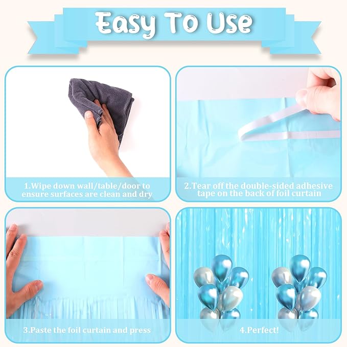 2 Pack Pastel Blue Tinsel Foil Fringe Curtains, Blue Party Decorations, Metallic Tinsel Party Streamers Backdrop for Birthday Baby Shower Gender Reveal Wedding Party Decorations
