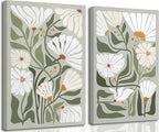 2 Pcs Boho Wildflowers Canvas Wall Art Green Bohemia Abstract Floral Botanical Painting Picture Wall Decor Poster Print Artwork for Living Room Bedroom Bathroom Home Decoration