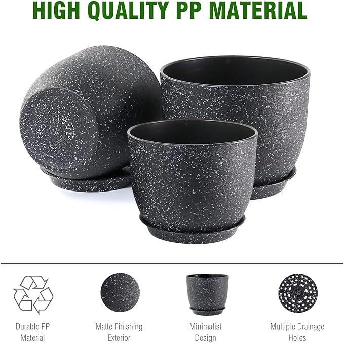 Plant Pots 10/9/8 inch, Set of 3 Modern Decorative Plastic Planters with Drainage Holes and Saucers for Garden House Plants, Flower Pots for Indoor Outdoor Plants, Speckled Black
