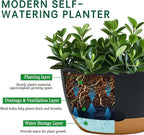 8/10/12 Inch Pots for Indoor Plants, Large Self Watering Planters with Drainage and Saucers, Plastic Outdoor Flower Pot, Set of 3, Grey