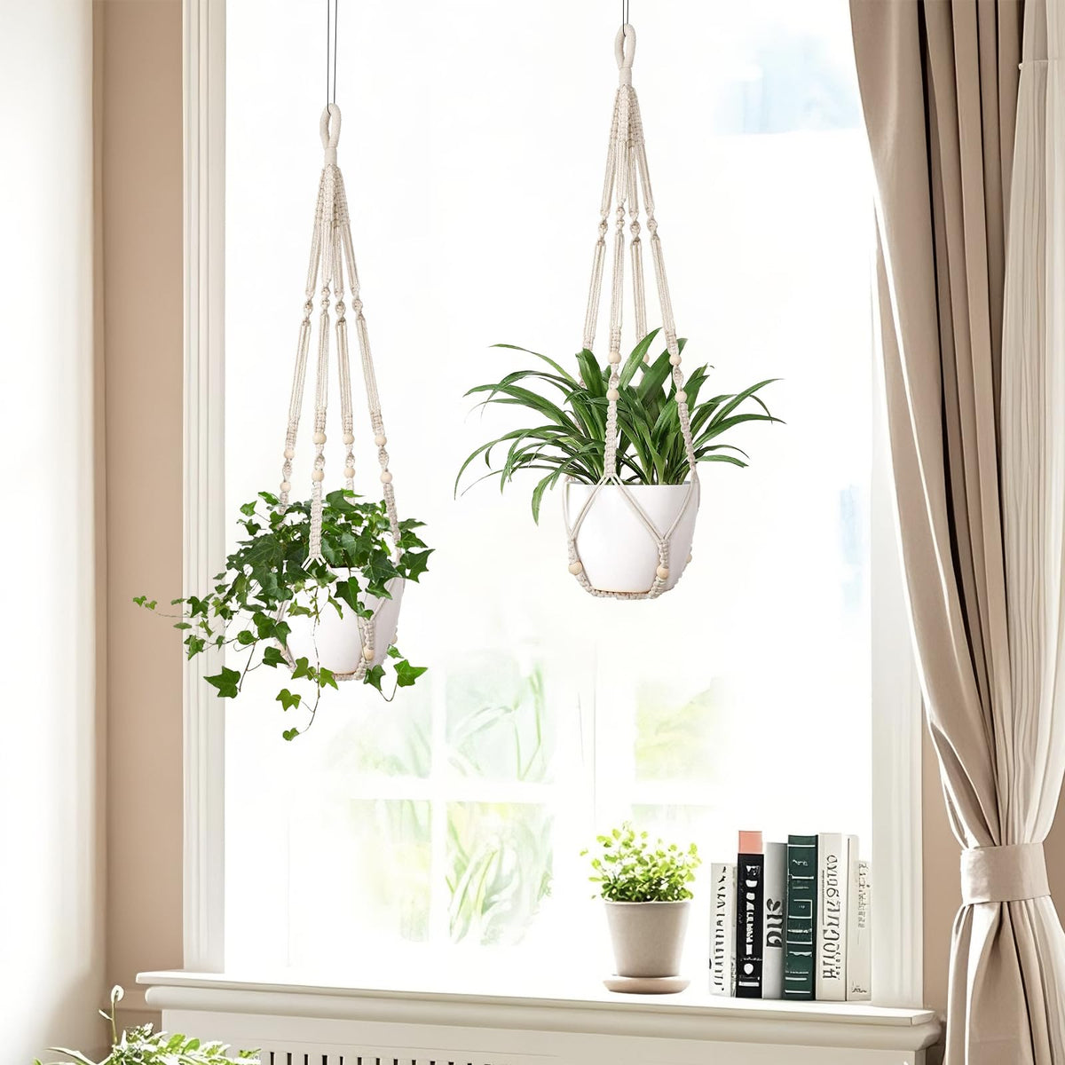 LEWESU Macrame Plant Hanger Indoor Set of 2 with 4 Hooks, Indoor Outdoor Hanging Planter for Plants Holder with Decorative Wood Beads & No Tassels, Boho Home Decor, 35 Inch Ivory (Pots Not Included)