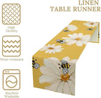 Daisy Flower Table Runner, Summer Spring Seasonal Watercolor Wildflower Yellow Bee Print Table Cover for Home Party Decor Kitchen Dining Table, 13x90inch