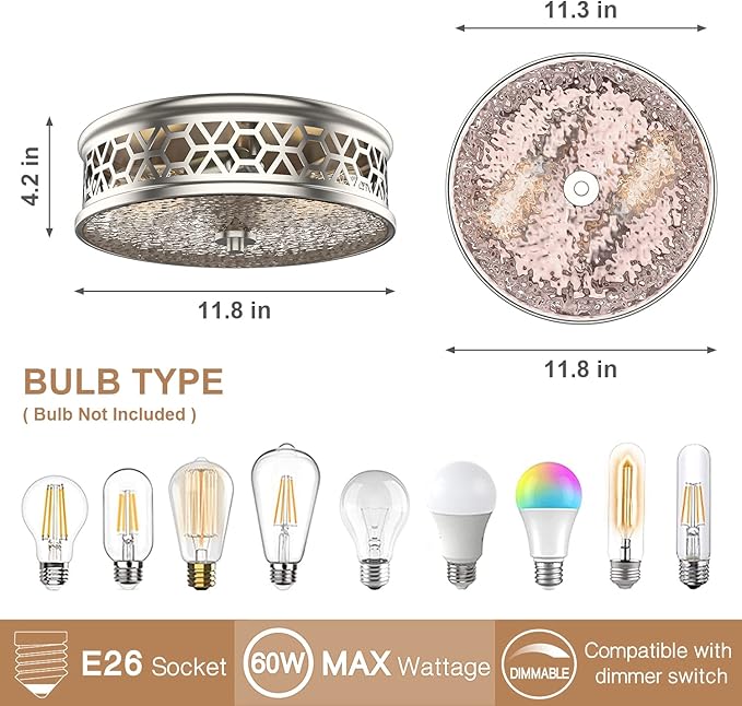 EAPUDUN Flush Mount Ceiling Light, 12 Inch 2 - Light Vintage Ceiling Light with Rippled Glass, Brush Nickel Ceiling Fixture for Hallway Corridor Kitchen Bathroom Bedroom Passway FMA1538-PLN