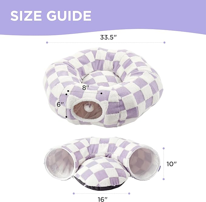 Lesure Cat Tunnel Bed for Indoor Cats - Cute Cat Donut Tunnel Toys for Small Large Cats with Washable Circle Cushion, Round Pet Peekaboo Cave Toy for Kitten/Puppy/Rabbit, Standard Lavender Checks