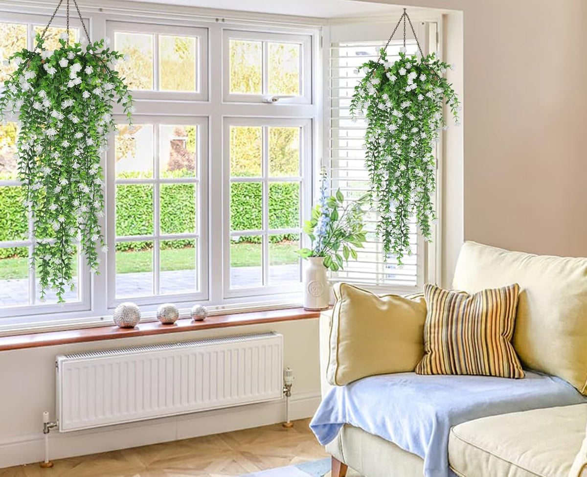 RECUTMS Artificial Hanging Plants Fake Hanging Plant Faux Eucalyptus Leaf Greenery Vine Outdoor UV Resistant Plastic Plants Home Garden Wedding Party Indoor Outdoor Decorations(White)