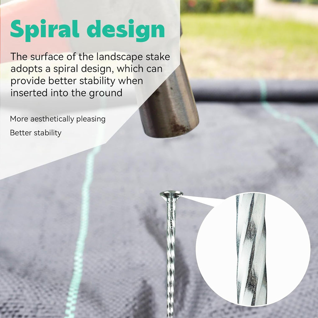 Spiral Landscape Stakes with Gasket, Heavy Duty Galvanized Metal Garden Landscape Stakes Kit for Securing Weed Barrier Fabric, Artificial Turf, Floor Mat and More (6 Inch Stake + Gasket, 300)
