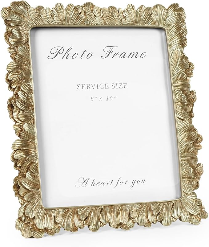 Cuspin 8x10 Picture Frame Vintage Gold Frames, Elegant Photo Frame with Glass Front, Palm Leaves Textured Hand-Crafted Resin Frame for Wall and Tabletop Display Home Decor