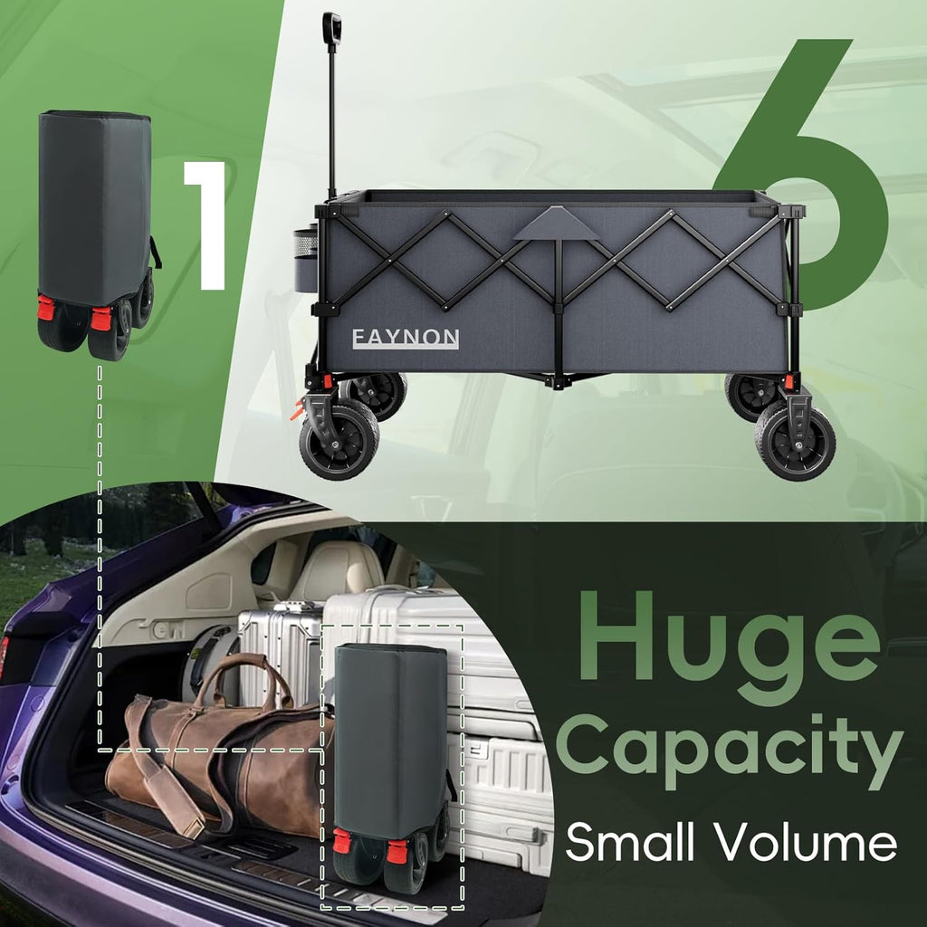 46" L Collapsible Foldable Extended Wagon, 500LB Weight Capacity with 280L Heavy Duty Folding Cart,Utility Wagon with All-Terrain Beach Wheel & Drink Holders,Gray