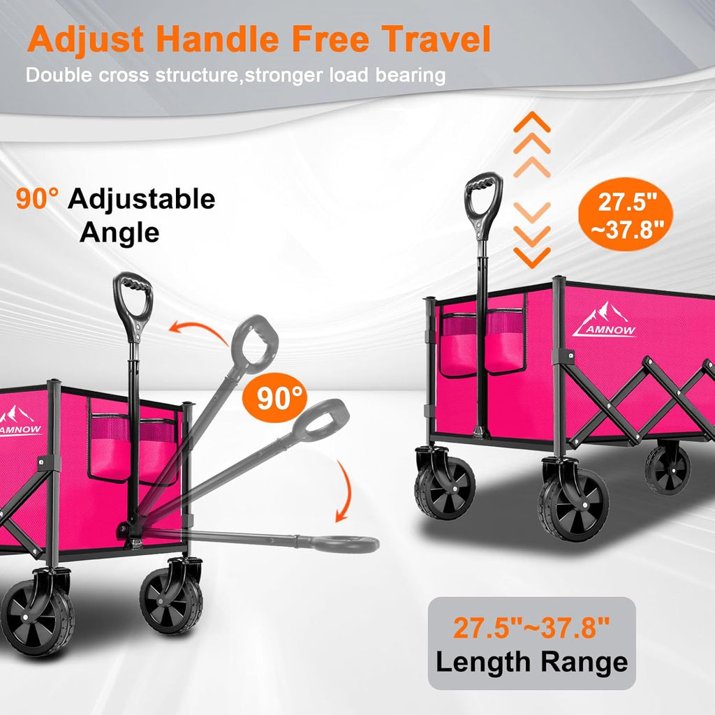 Collapsible Folding Wagon Cart, 350LBS Utility Large Capacity Cart Foldable Wagon with All Terrain Wheels, Grocery Wagons Carts for Garden Shopping Sports Camping, Rose