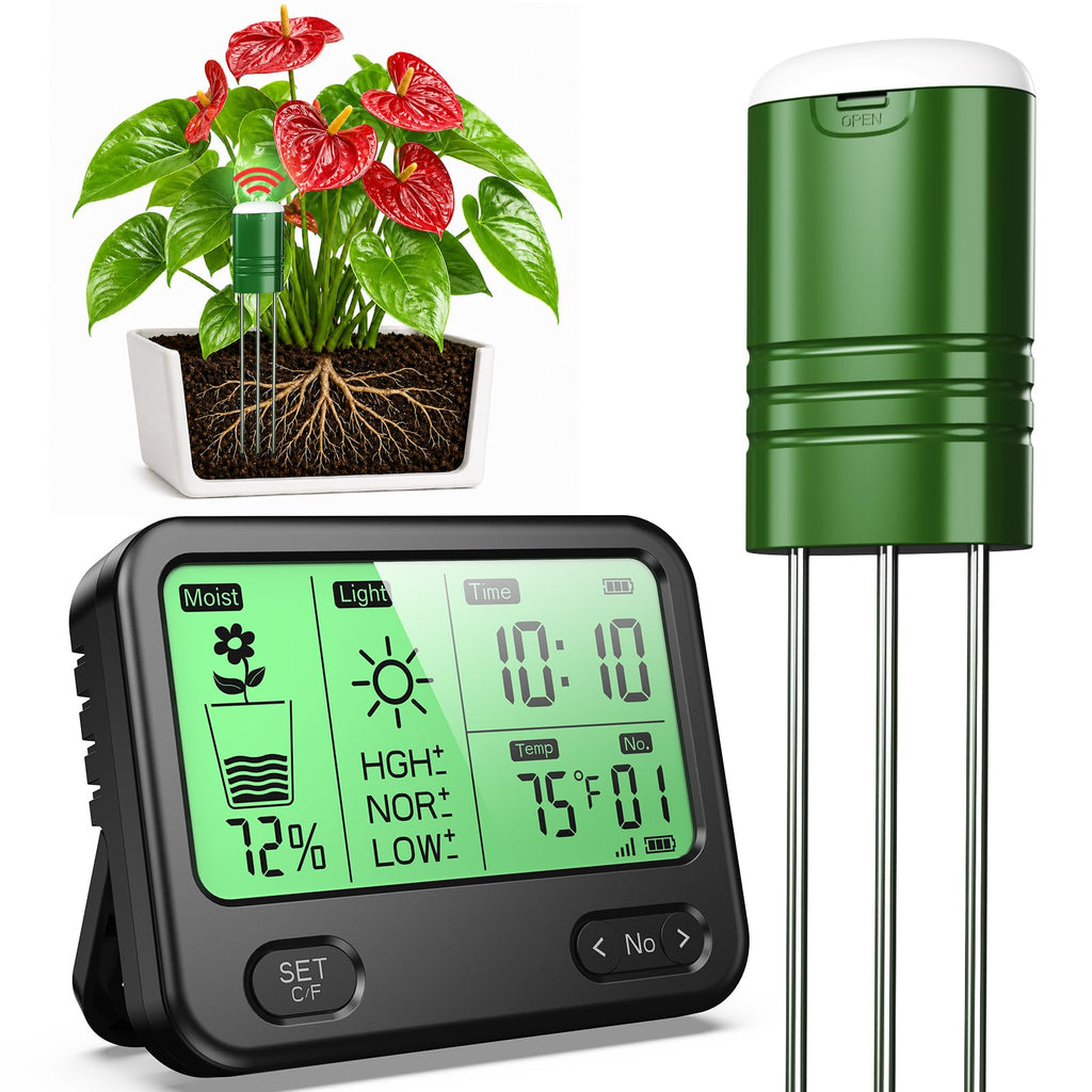 4-in-1 Soil Moisture Meter for Plants ,Soil Temperature /Moisture /Sunlight Time, Large Screen, Garden Soil Tester for Lawn, Farm, Houseplants，Wireless Indoor/Outdoor Plant Water Meter (Dark Black)