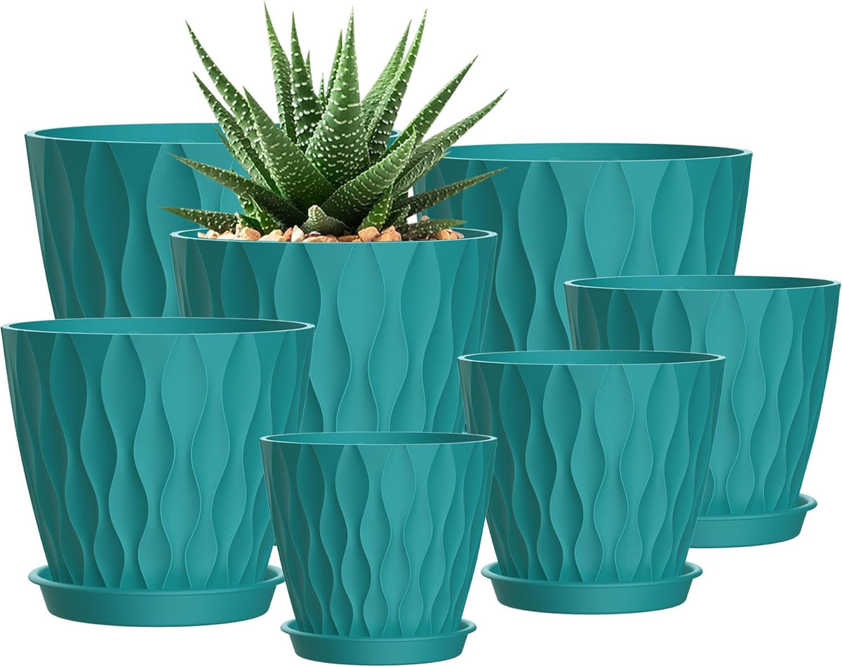 4/4.5/5/5.5/6/6.5/7 Inch Plant Pots,7 Pack Flower Pots with Drainage Holes and Trays,Plastic Planters for Indoor Outdoor Plants Growth,Green