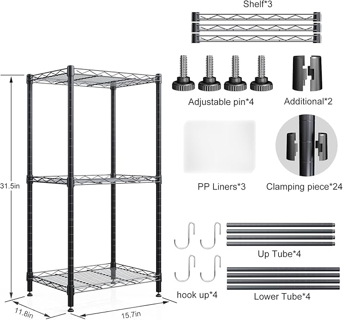 3 Tier Shelves Storage, Wire Shelf Unit, Standing Adjustable Metal Shelves Organizer, Storage Racks for Restaurant Garage Pantry Kitchen Garage(Small，15.7 '' x 11.8" x 31.5 ")…