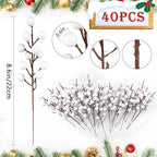40 Pcs Artificial Berry Stems Branches, Christmas White Faux Holly Berries Picks Ornaments for Christmas Tree Wreath DIY Craft Decorations Holiday Home Decor (40, White)