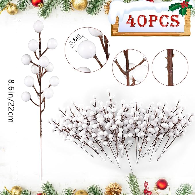 40 Pcs Artificial Berry Stems Branches, Christmas White Faux Holly Berries Picks Ornaments for Christmas Tree Wreath DIY Craft Decorations Holiday Home Decor (40, White)