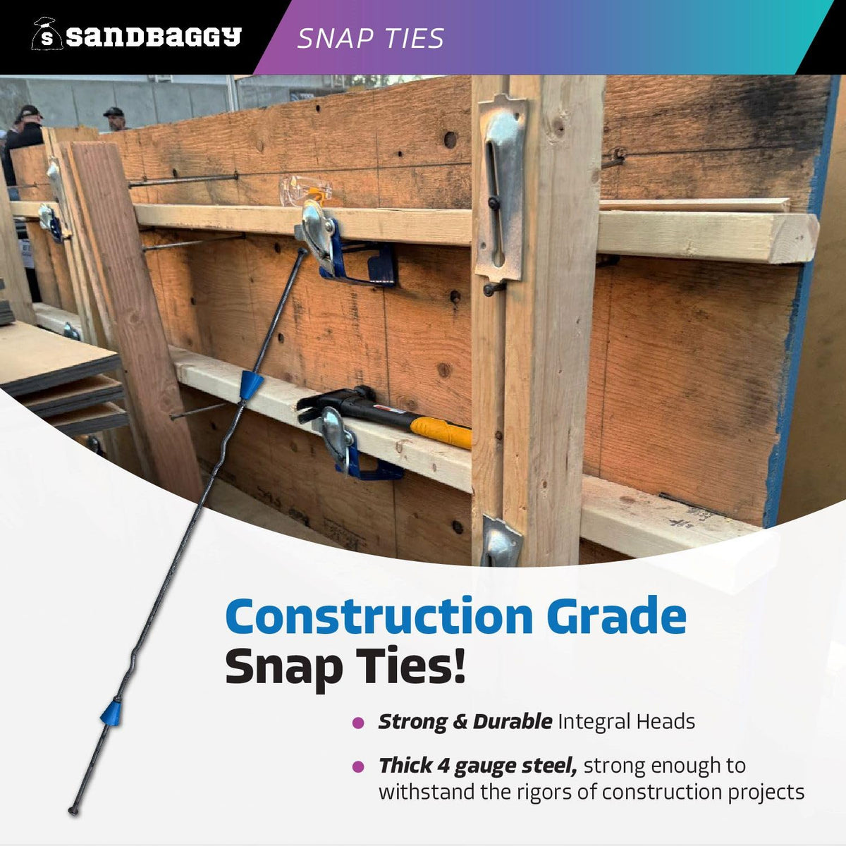16" x 4 ¾" Standard Snap Ties for Concrete Forms (Short End) - 1" Plastic Cones, Integral Heads - 2:1 Safety Factor, 2,250 lbs Working Load - Construction Grade 4 Gauge Steel (Short End, 50, Count)
