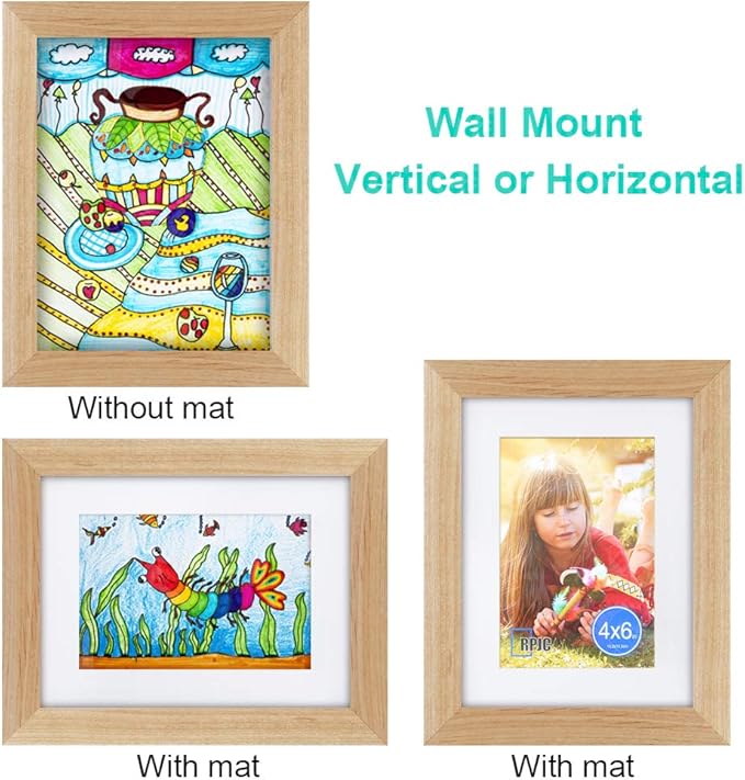 RPJC 6x8 inch Picture Frame Made of Solid Wood and High Definition Glass Display Pictures 4x6 with Mat or 6x8 Without Mat for Wall Mounting Photo Frame Natural
