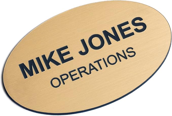 Custom Engraved Name Tag Badges – Personalized Identification with Pin or Magnetic Backing, 2.8 Inch Oval, European Gold/Black