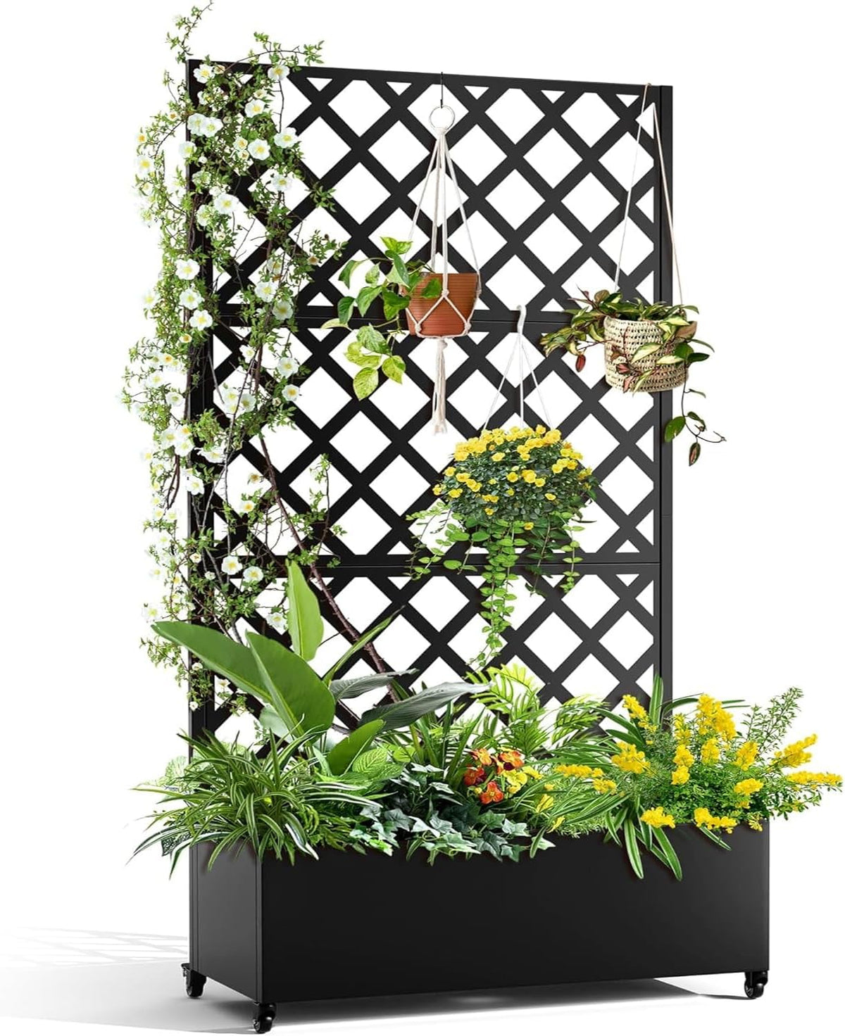 Metal Planter Box, with Diamond Lattice Trellis Planter Box, for Climbing Plants and Vines, Galvanized Raised Garden Bed on Wheels, Garden Bed with Trellis(72 in x47 in Black)