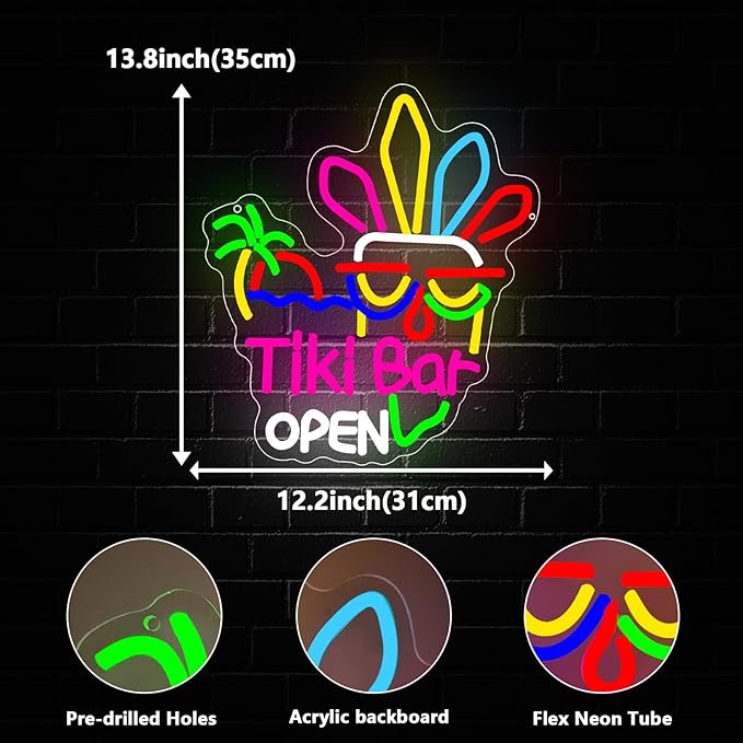 Tiki Bar Neon Sign, Tiki Bar Open Led Neon Light Signs for Wall Decor Hawaii Tropical Luau Aloha Party Outdoor Decorations for Pub Bistro Night Club Home Man Cave Dimmable USB Powered(13.8" × 12.2")
