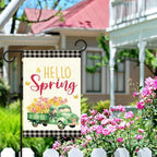 Hello Spring Flags for Outside,Buffalo Plaid Floral Truck Garden Flag for Yard Patio Lawn Decoration,12x18 Inch Double Sided