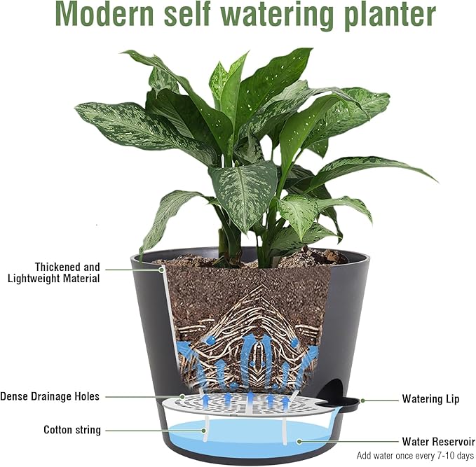 12 inch Large Self Watering Pots for Indoor Outdoor Plants, Flower Plant Pots with Mesh Drainage Holes for Garden House Plants, Plastic Planters with Reservoir for Home Decor, Black