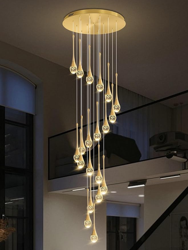 138'' High Ceiling Chandelier for Entryway Gold Raindrop Crystal Chandeliers for Living Room Foyer Staircase Flush Mount Sloping Ceiling Pendant Light Fixture LED Dimming 2700k-6000k