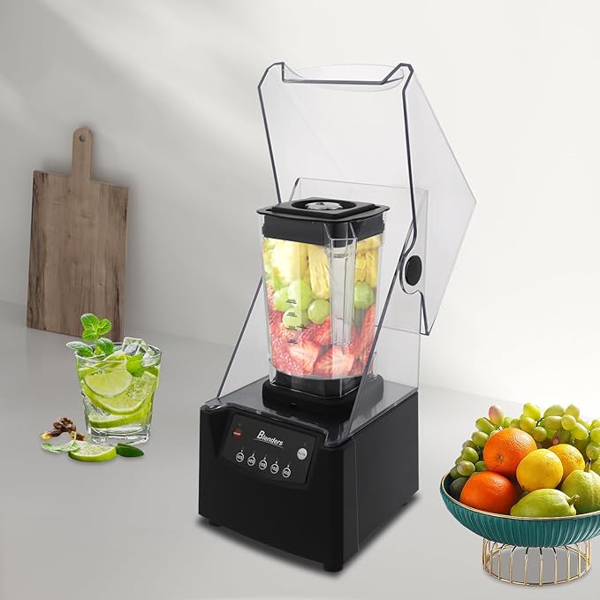 1.8L Professional Commercial Blender with Soundproof Cover, 2600W Industries Strong and Quiet Professional-Grade Power, with Custom Time and Removable Blades, Black