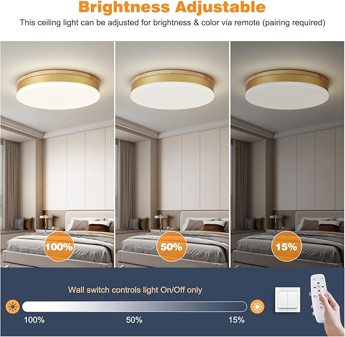 Modern Dimmable Gold Ceiling Light with Remote, 11.8in Flush Mount Ceiling Light, 24W 3000K-6000K Light Color Adjustable, 2200LM Round Ceiling Lamp Fixtures for Bedroom, Living Room, Hallway