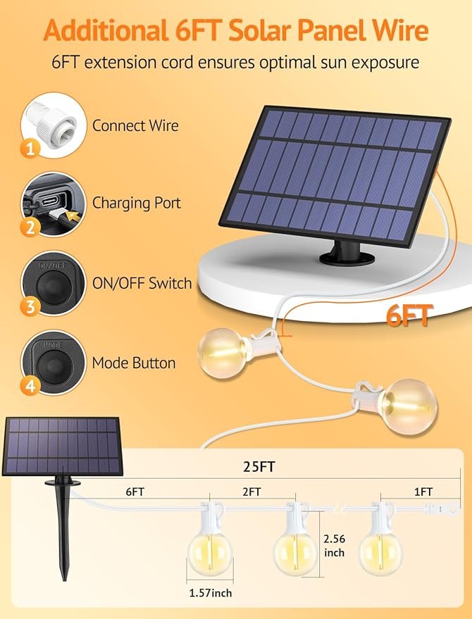 25FT Solar String Lights Outdoor with Remote, Waterproof Dimmable 3 Modes Patio Lights with 10+1 LED Shatterproof G40 Bulbs for Garden-White