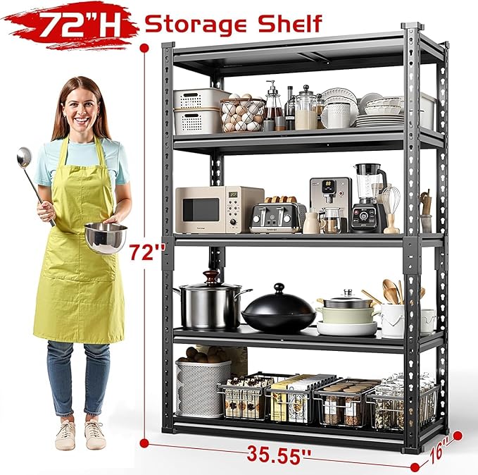 TigerParty 2050LBS Heavy Duty Garage Shelving, 5-Tier Adjustable Storage Shelves, Metal Shelving Unit and Storage Rack for Pantry, Basement, Warehouse, 72" H x 36" W x 16" D, Melamine Faced Board