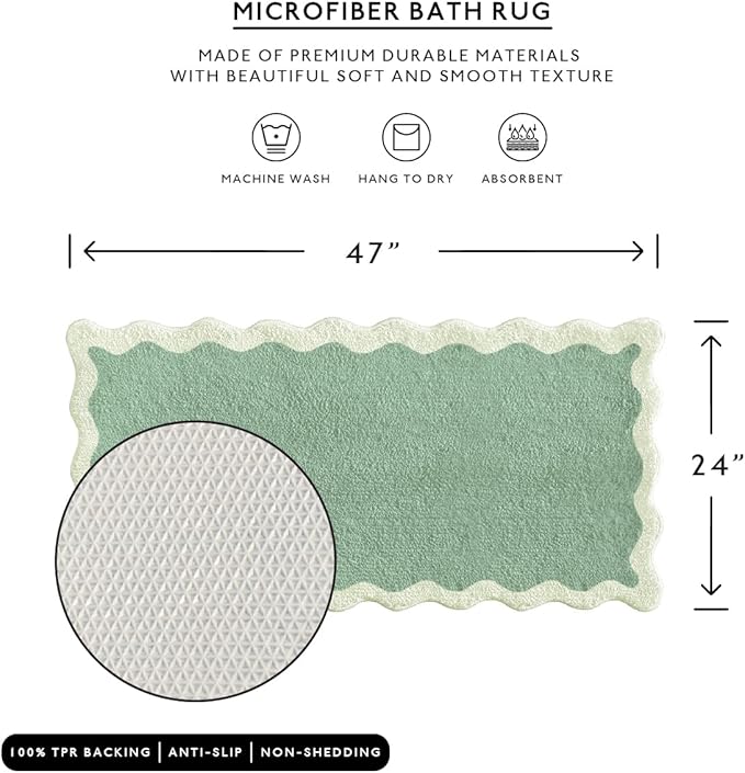 MONDAY MOOSE Bath Mat with Scalloped Wavy Ripple Design, Microfiber Absorbent Non Slip Tufted Rug for Floor, Shower or Kitchen (24x47 inch, Sage)