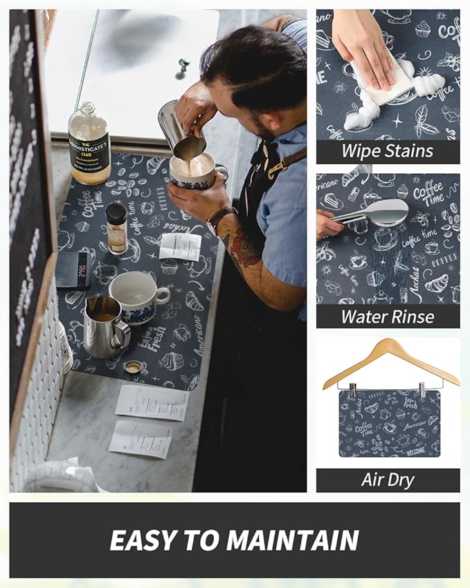 AMOAMI Coffee Mat Hide Stain Rubber Backed Absorbent Dish Drying Mat for Kitchen Counter - Fits Under Coffee Maker & Machine - Dust Blue (17X31.5)