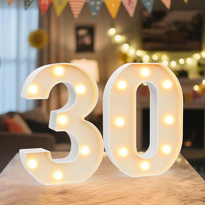 LED Marquee Light Up Numbers Sign - Lighted Birthday Numbers Sign for 30th Birthday Party Decoration, Bar Wall, Home, Table Room, Wedding and Christmas Decorations, Number 30