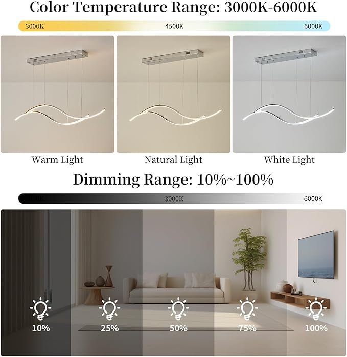 Modern Led Pendant Light, Dimmable Chrome Led Chandelier for Dining Room Light Fixture Over Table Creative Wave Pendant Light for Kitchen Island, Dining Room, Bedroom(Chrome)