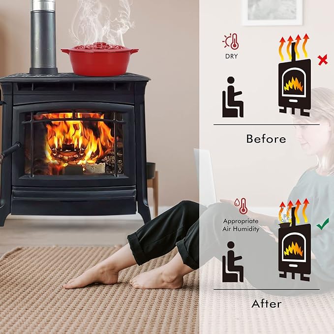 INNO STAGE Wood Stove Steamer, Cast Iron Humidifier for Stove, Home Indoor Decorative, Red Finish, Rust Resistant, Lattice Top, 2.5 Quart Capacity, Patented