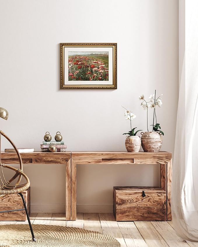 VIYYIEA Gold Framed Wall Art Canvas Print Home Decor Red Poppies Oil Paintings Classical Floral Wall Pictures for Bedroom Bathroom Living Room Flower Canvas Prints Artwork Vintage Gifts 13x16in