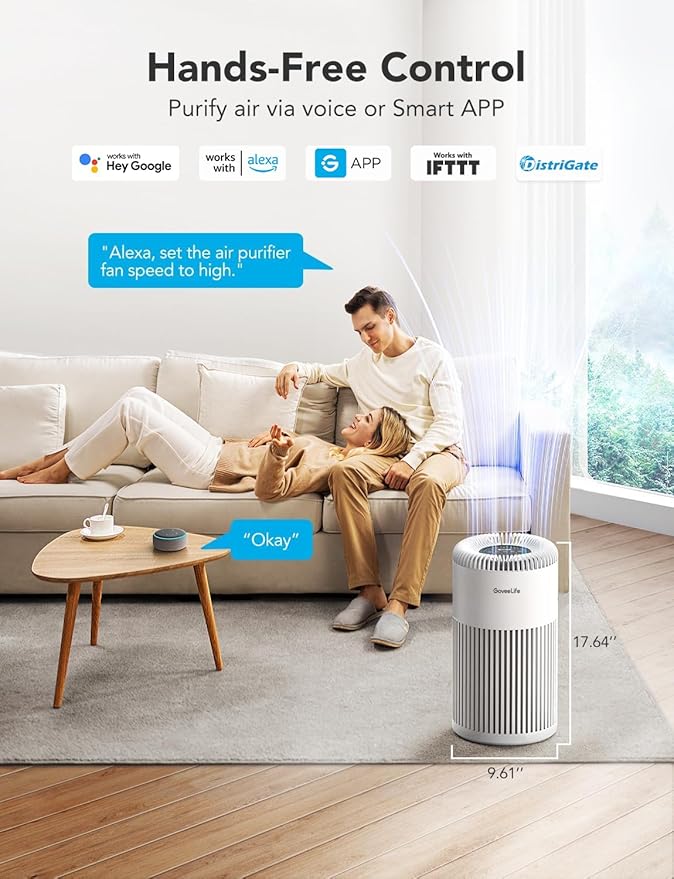 GoveeLife Smart Air Purifier for Home Large Room Up to 1524 sq.ft.with Washable Filter, Integrated PM 2.5 Air Quality Sensor,WiFi, Air Purifier for Smoke, Wildfire, Pet Hair,24dB, White