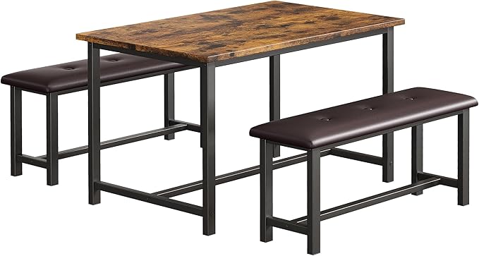 Dining Table Set for 4, Dining Room Table Set with 2 Upholstered Benches, Small Kitchen Table Set, 3 Piece Farmhouse Rectangular Dining Room Table Set, Space Saving Dining Table for Apartment