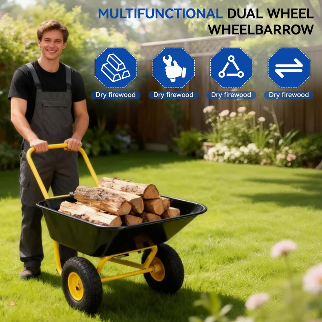 Dual Wheel Garden Wheelbarrow with 10-Inch Pneumatic Tires,300 LBS Capacity