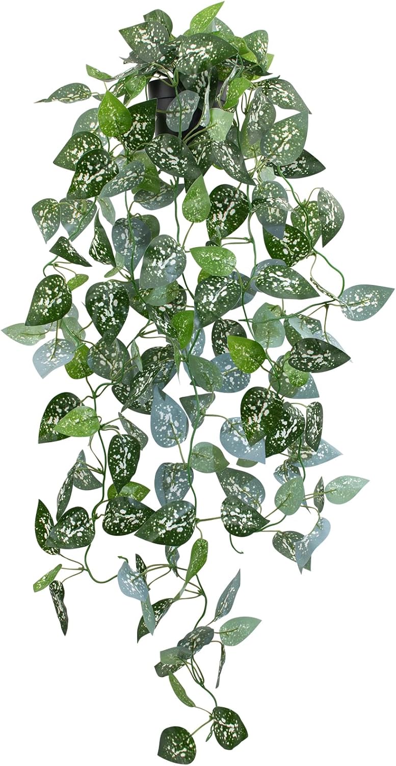 LOYWREE 39-in Long Fake Hanging Plant with Pot Faux Pothos Artificial Potted Plants Small Faux Ivy Vine Plant for Indoor Outdoor Aesthetic Office Living Room Shelf Decor (Black Pot)
