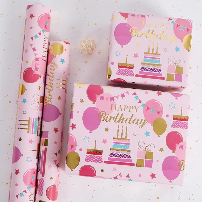 Aimyoo Pink Birthday Wrapping Paper Roll - 17 Inch X 16.4 Feet - Gold Foil Celebration Cake, Balloon, Happy Birthday Lettering Design Gift Wrap for Kids, Baby Showers