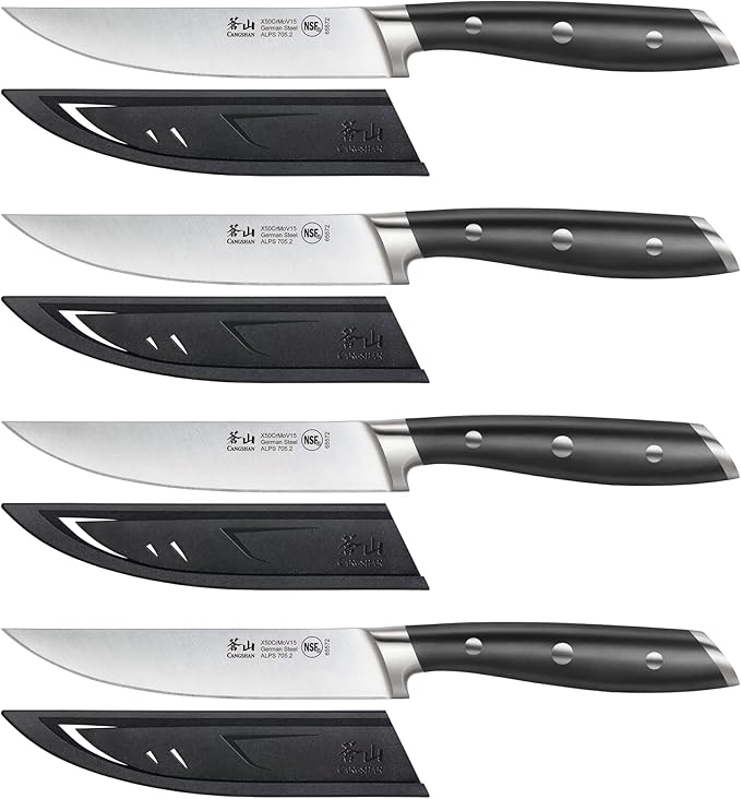 Cangshan ALPS Series 502780 German Steel Forged 4-Piece Steak Knife Set with Sheaths, Black