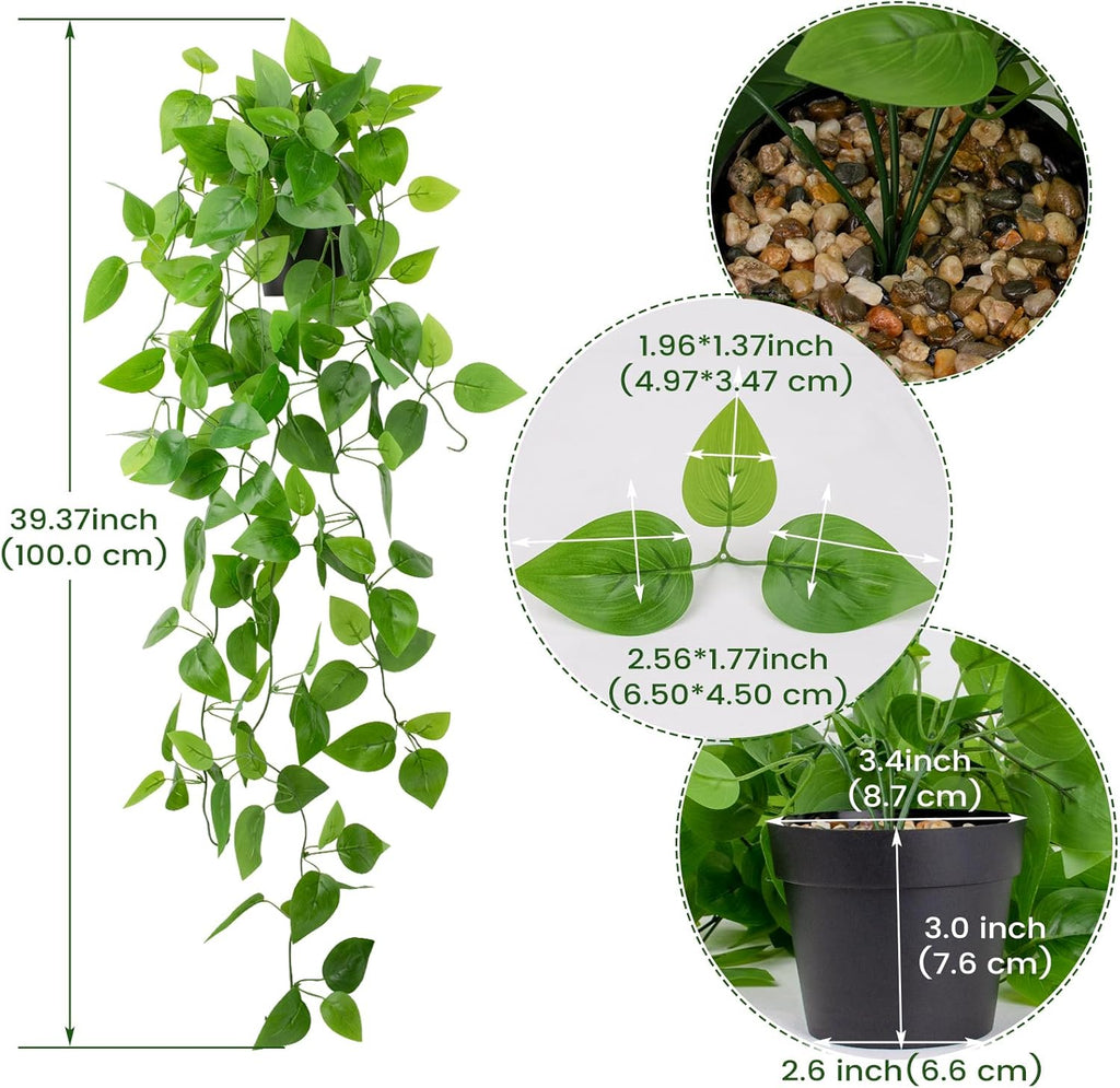 LOYWREE Small Fake Hanging Plant Artificial Potted Plants for Indoor Outdoor Aesthetic - 39in Realistic Faux Hanging Pothos with Ivy Vine for Shelf Decor in Home Office Gardens Greenery (Black Pot)