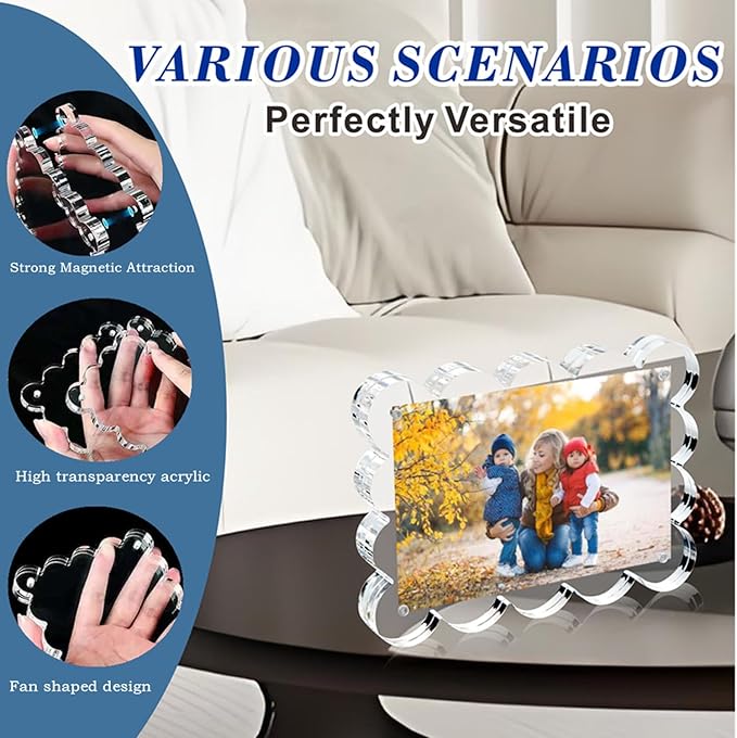 3 Pack 5x7 Inch Magnetic Acrylic Picture Frame,10+10mm Thick Block,Double Sided Clear scalloped frames for Desktop Display | Trendy Home Gift ((3 Pack), 5X7)