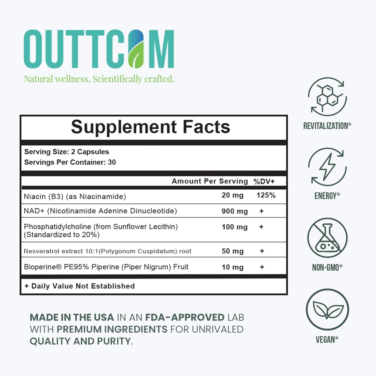 NAD+ Supplement w/ Resveratrol, B12, Phosphatidylcholine & Bioperine – 900mg NAD+ Capsule, 60 Vegan, Non-GMO, Gluten-Free Capsules – Cellular Energy, Bioavailability, Liposomal NAD+ & NMN Alternative