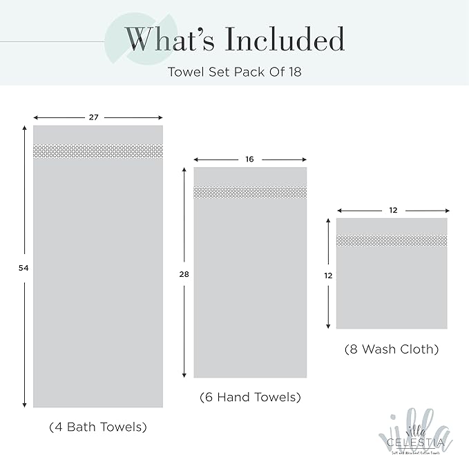 100% Cotton Bath Towel Set of 18-4 Bath Towels, 6 Hand Towels, 8 Wash Cloths, Sustainable, Soft, Highly Absorbent, Combed Cotton 18 Piece Set for Hotels, Spa, Bathroom, Dorm, Teal