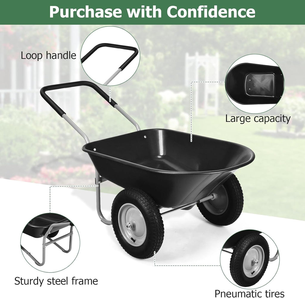 ERGOMASTER Dual-Wheel Wheelbarrow, Home Utility Garden Cart, 330 LBS Capacity, Large Heavy Duty Yard Cart for Gardening & Planting, Lawn, Farm, Construction Site, Black