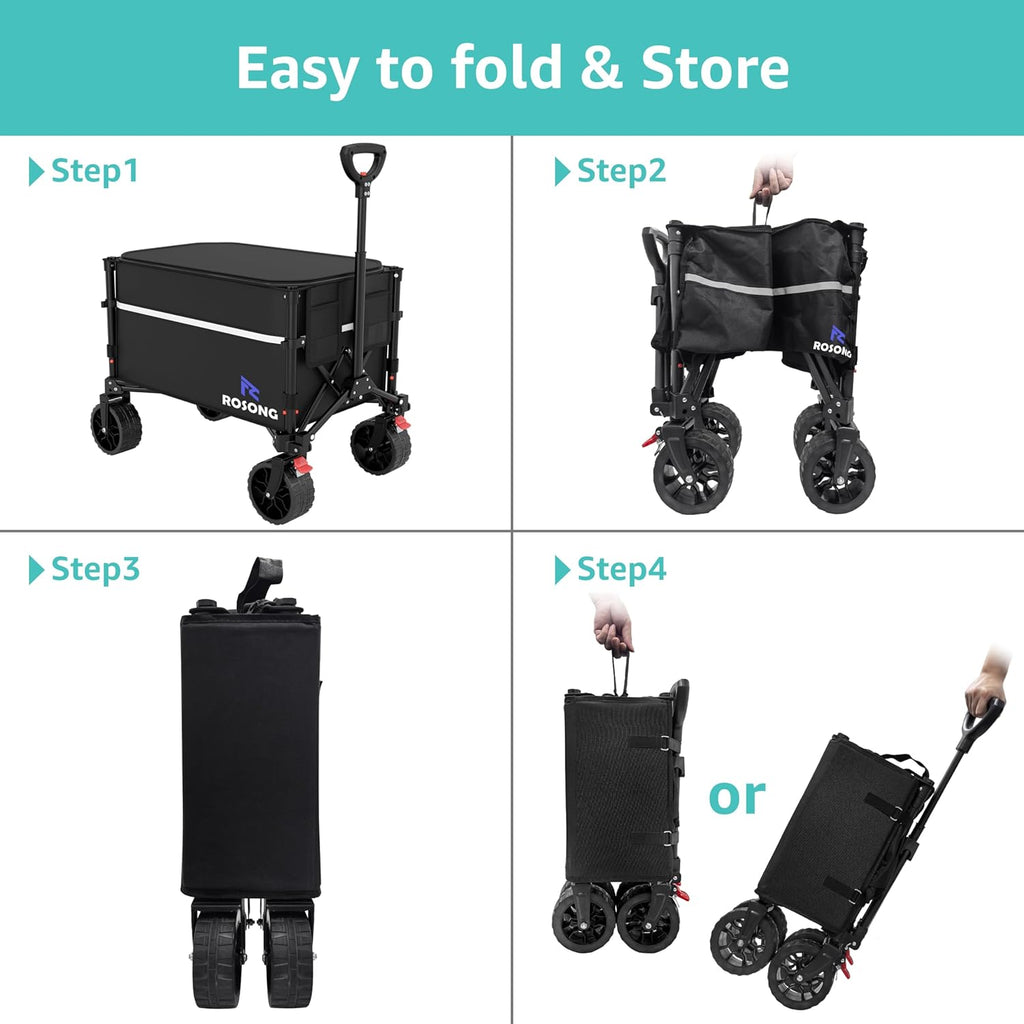 Collapsible Wagon Cart with Wheels Foldable - Folding Utility Heavy Duty Wagons Carts for Grocery Sports Garden Shopping Camping Wheelbarrows (Black with Cover, 120L)