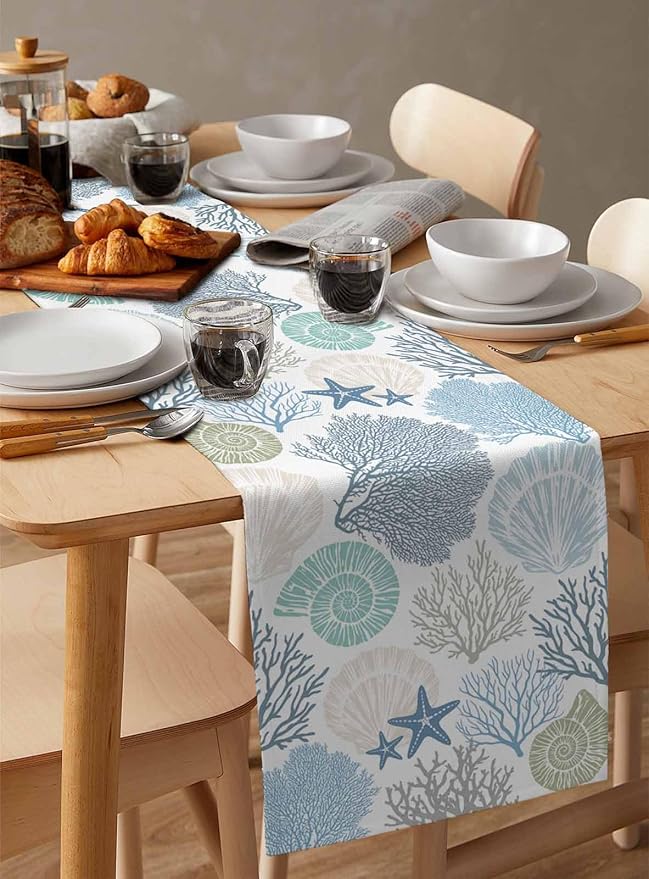 Coastal Coral Cotton Linen Table Runner for Dining Kitchen, Wedding Outdoor Party Tablerunners Decoration, Blue Nautical Starfish Ocean Shell Beach Dresser Scarf Coffee Tablecloth Runners 13x60 Inches
