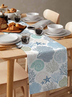 Coastal Coral Cotton Linen Table Runner for Dining Kitchen, Wedding Outdoor Party Tablerunners Decoration, Blue Nautical Starfish Ocean Shell Beach Dresser Scarf Coffee Tablecloth Runners 13''x120''